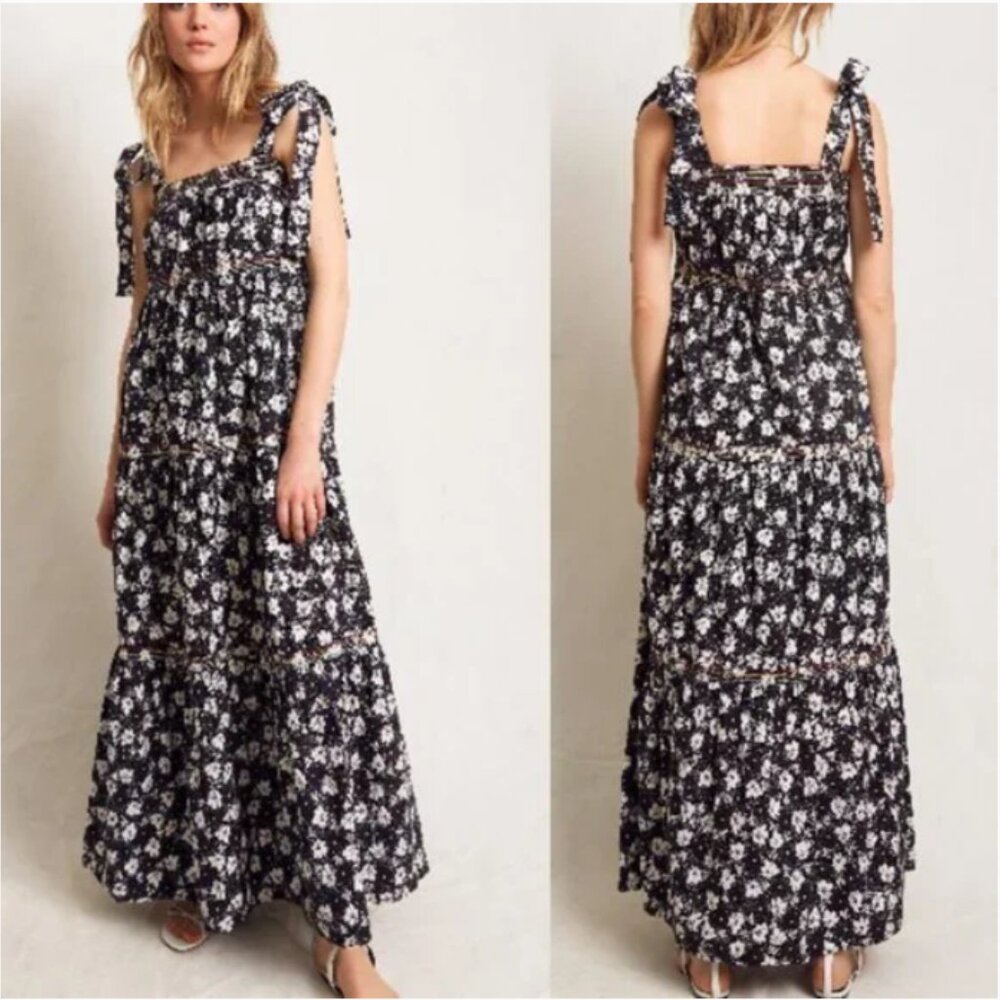 NWT Warm Big Love Floral Tiered Maxi Dress Black Size 2 ~ Medium